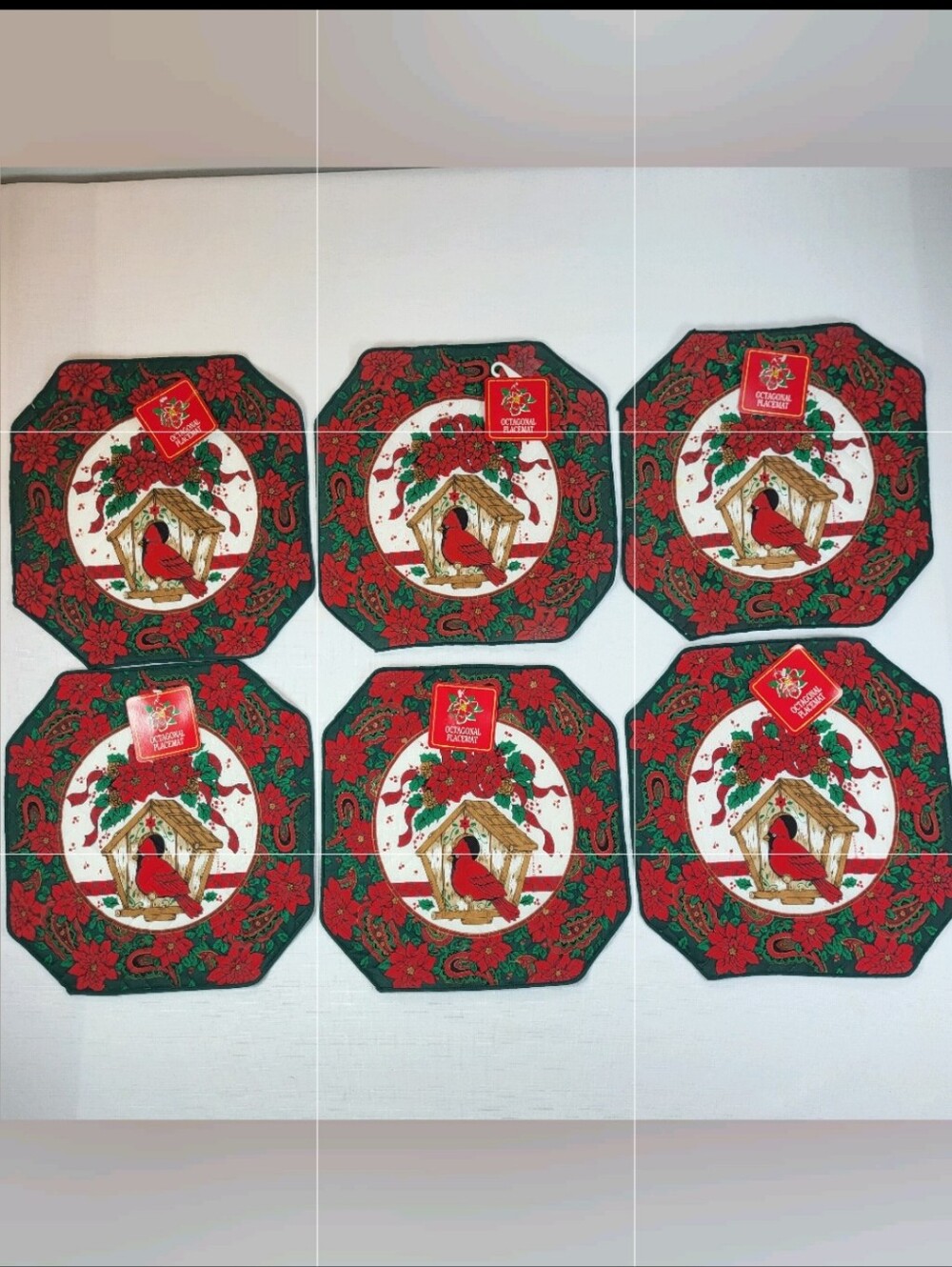 Franco Quilted Christmas Cardinal PLACEMATS Lot of 6 Birdhouse Poinsettias NOS